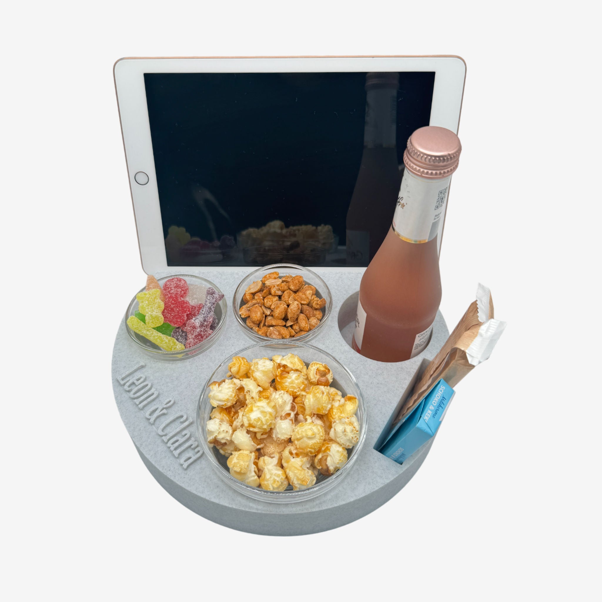 Couchbuddy Rund mit Tablethalter und 2 Glasschalen - Marmor-Optik