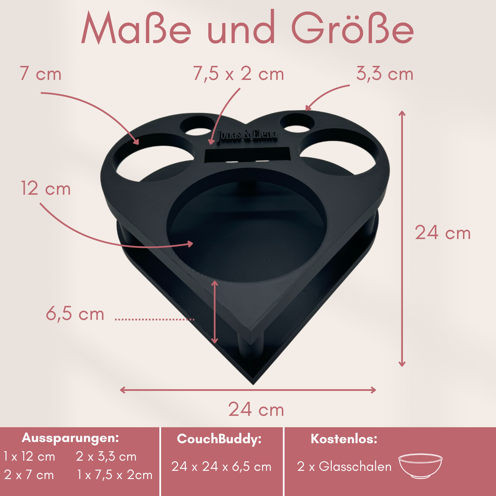 Couchbuddy Herzform inkl. 2 Glasschalen - Freie Form