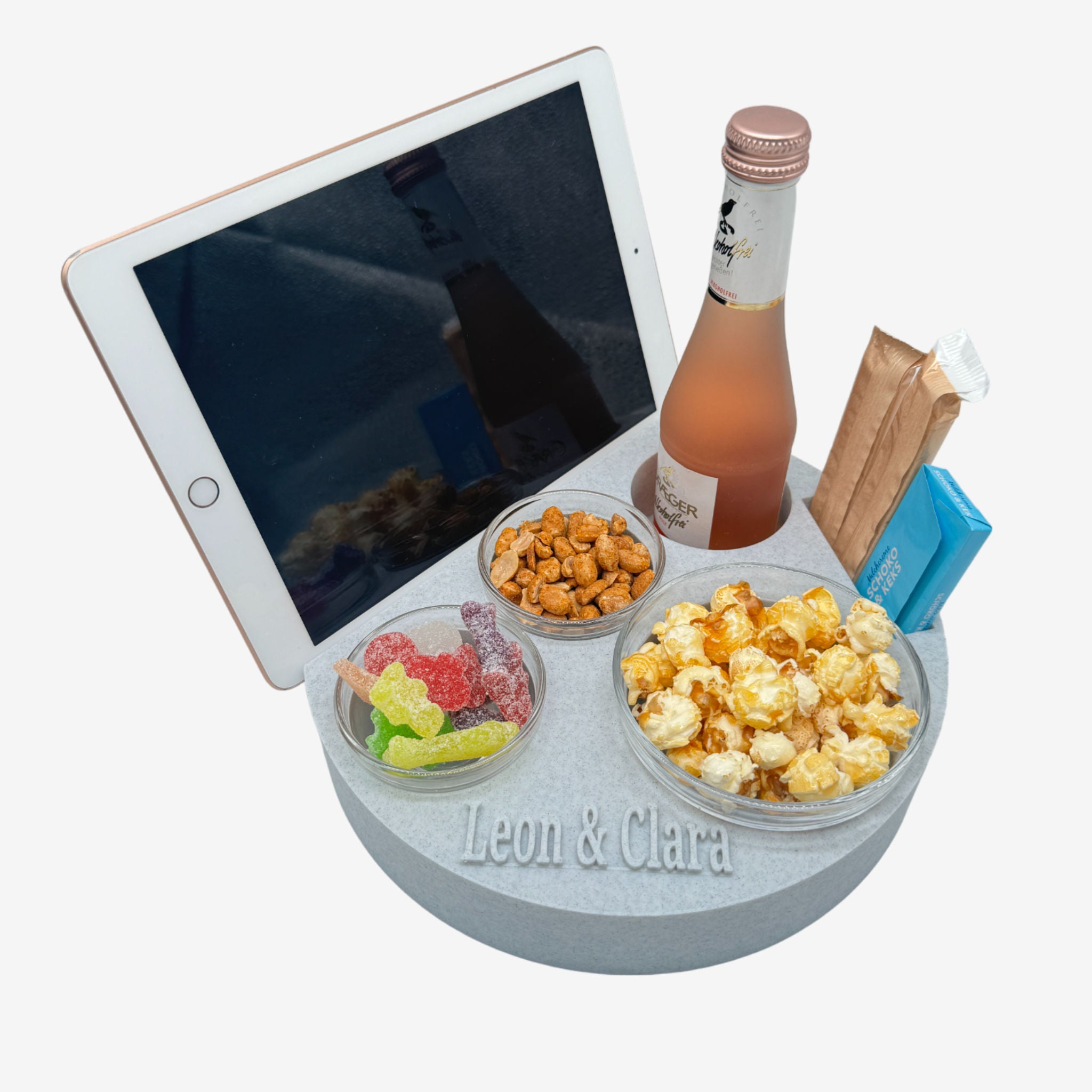 Couchbuddy Rund mit Tablethalter und 2 Glasschalen - Marmor-Optik