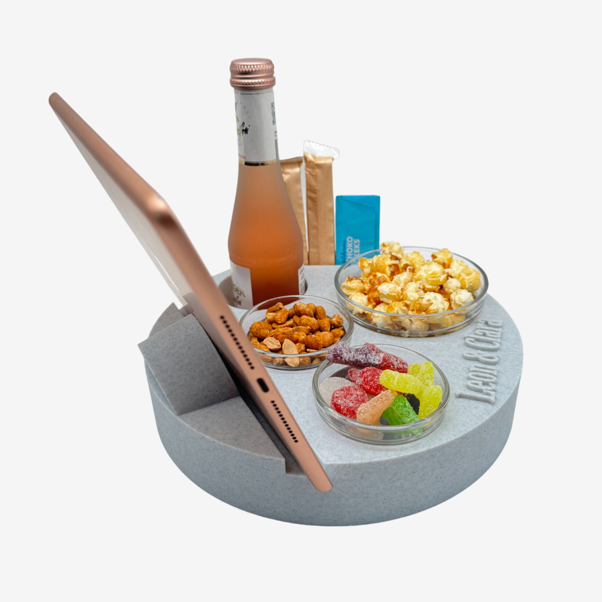 Couchbuddy Rund mit Tablethalter und 2 Glasschalen - Marmor-Optik