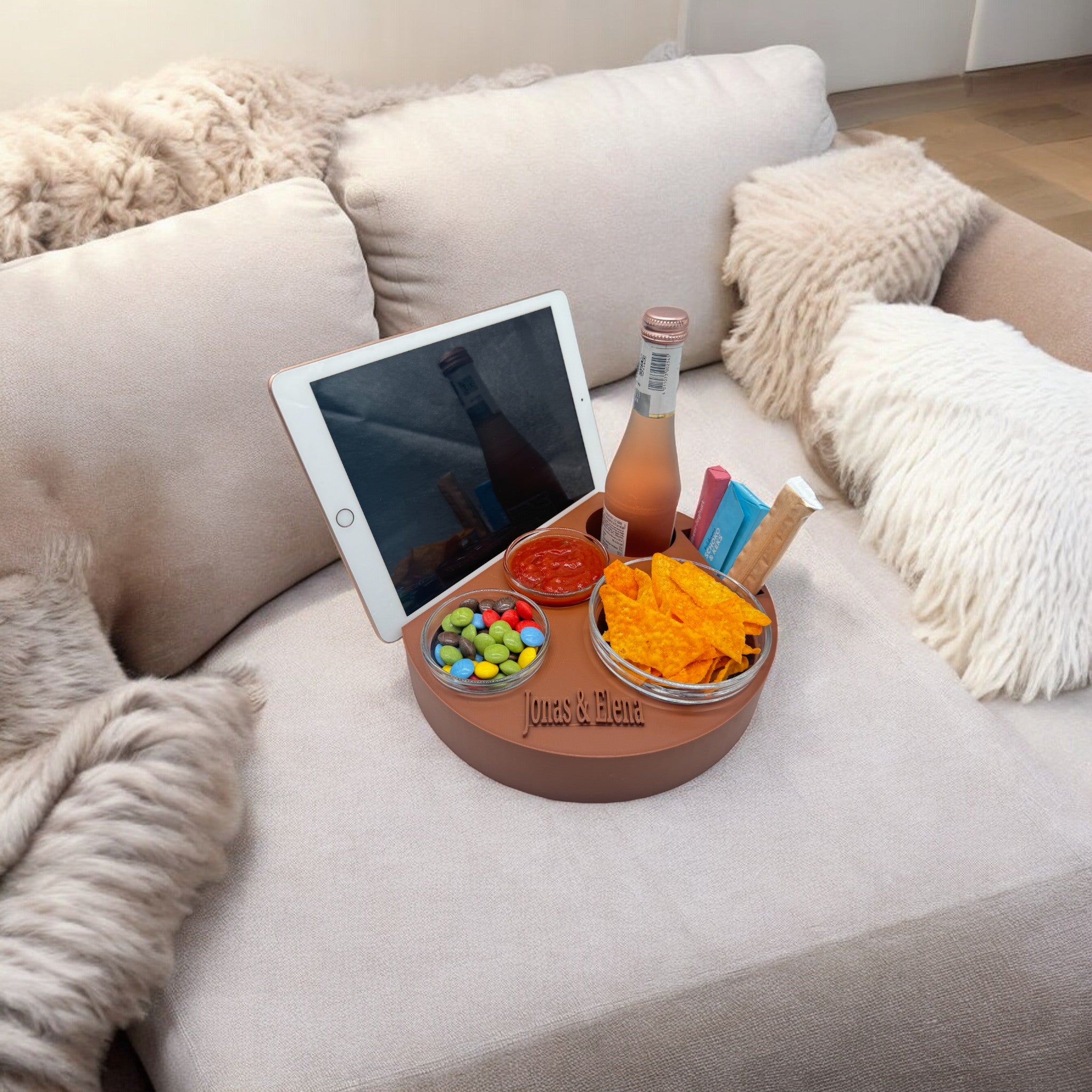 Couchbuddy Rund mit Tablethalter und 2 Glasschalen