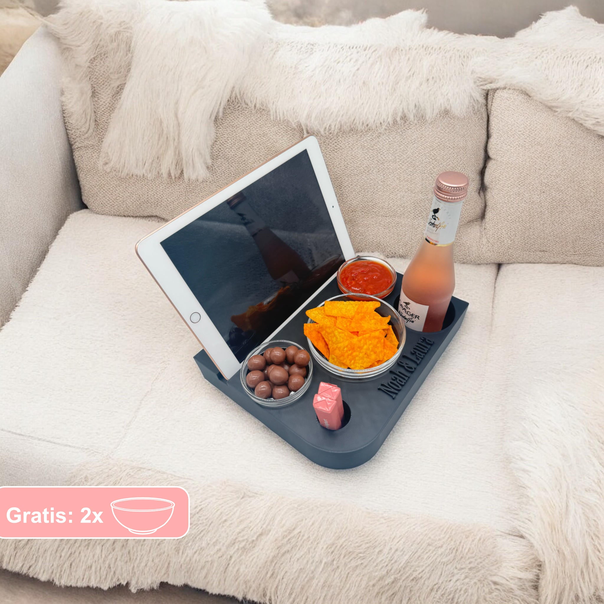 Couchbuddy Eckig mit Tablethalter und 2 Glasschalen