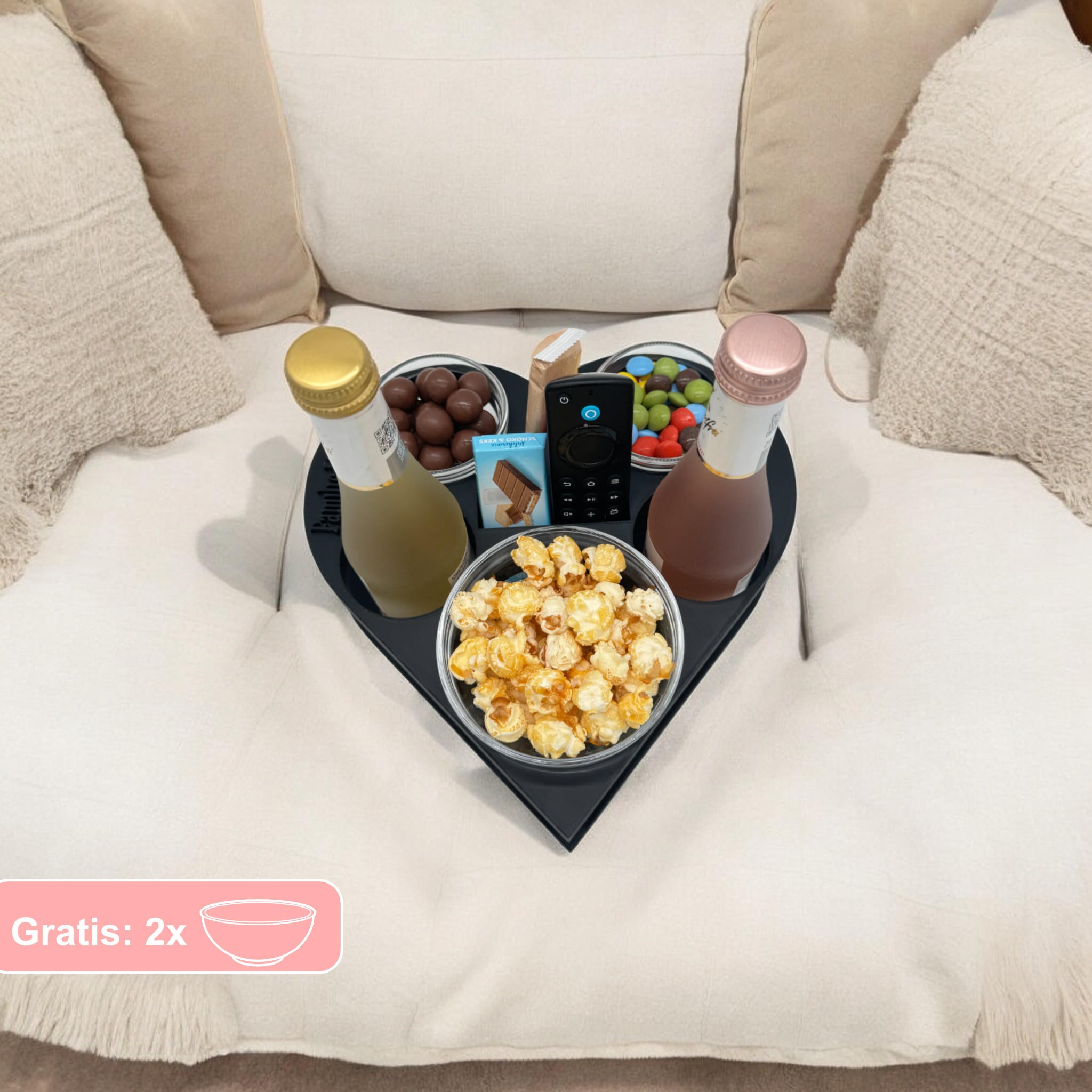 Couchbuddy Herzform mit 2 Glasschalen - Freie Form
