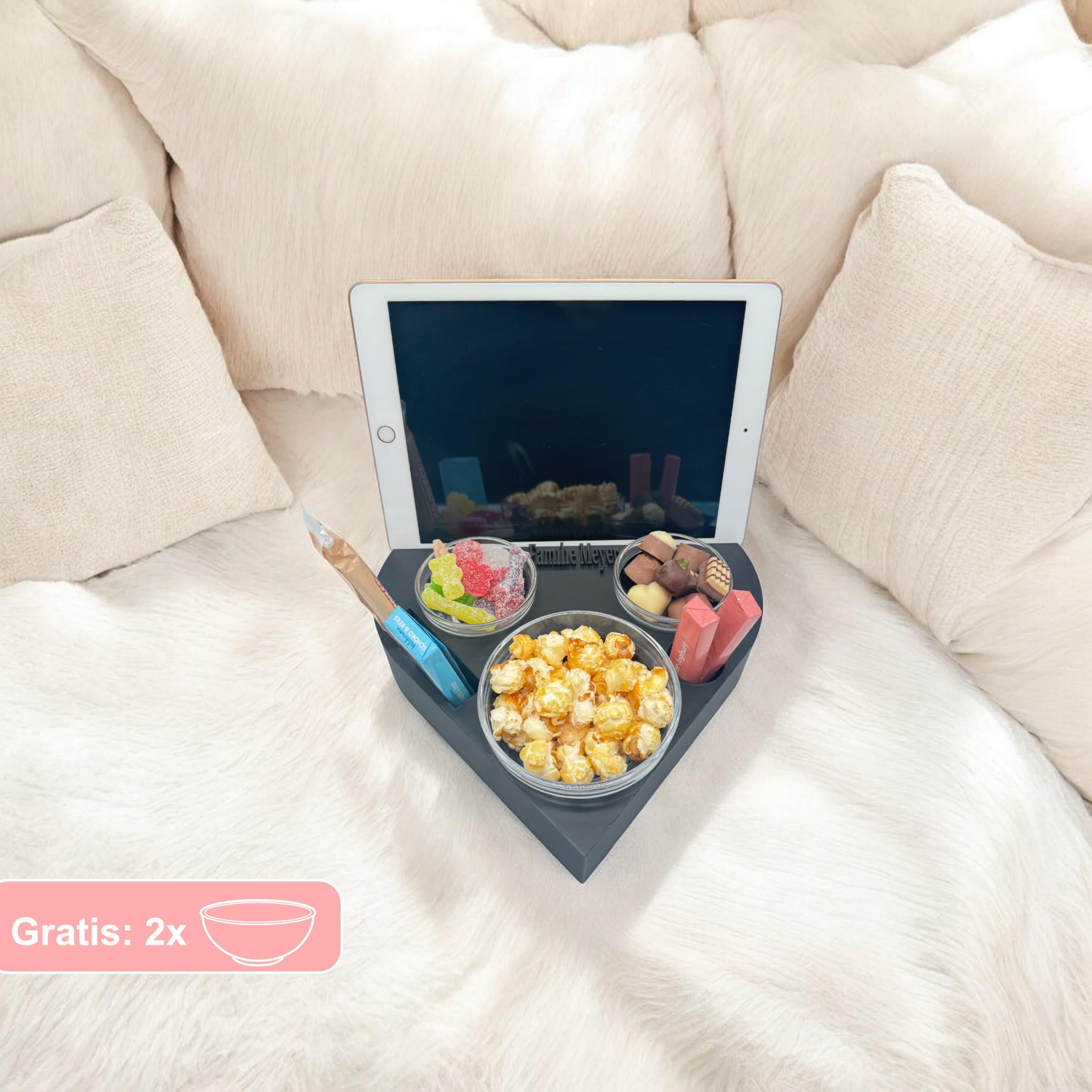 Couchbuddy Herzform mit Tablethalter und 2 Glasschalen