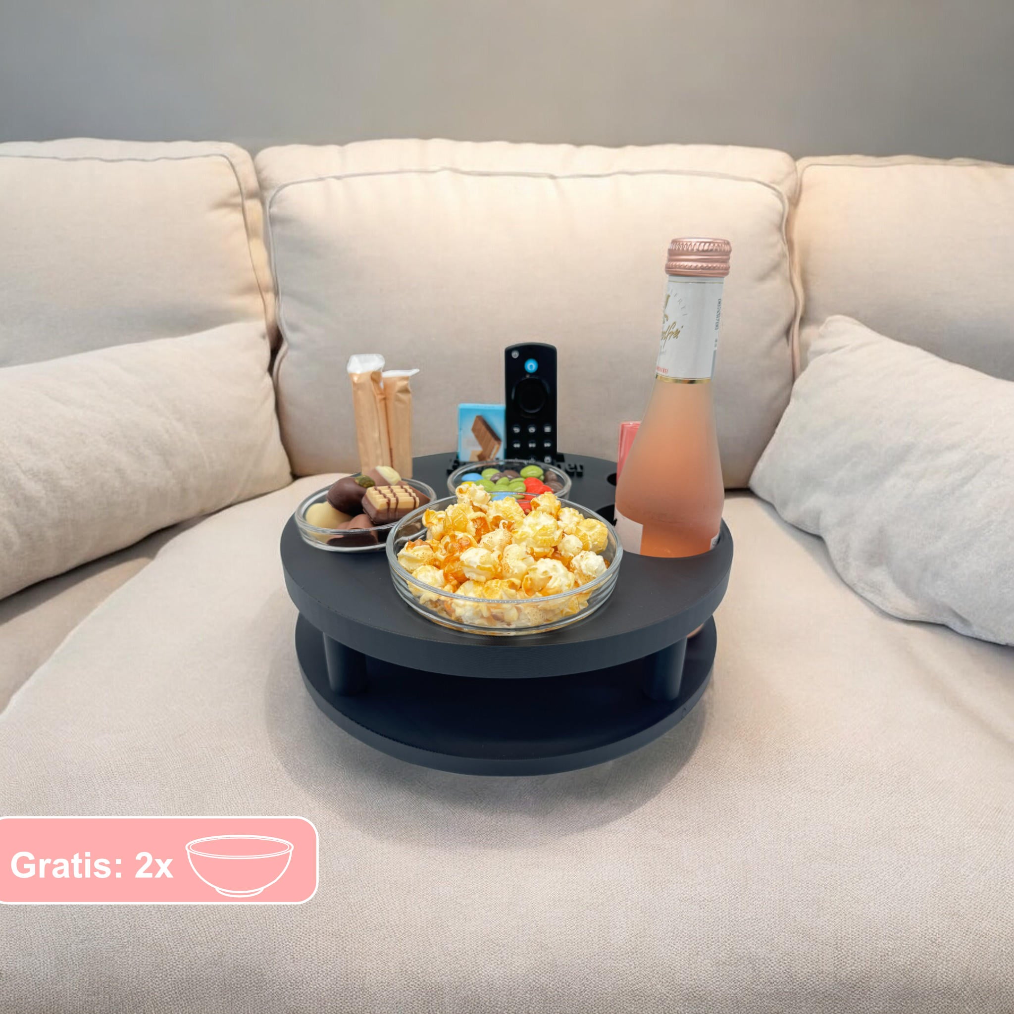 Couchbuddy Rund mit 2 Glasschalen - Freie Form