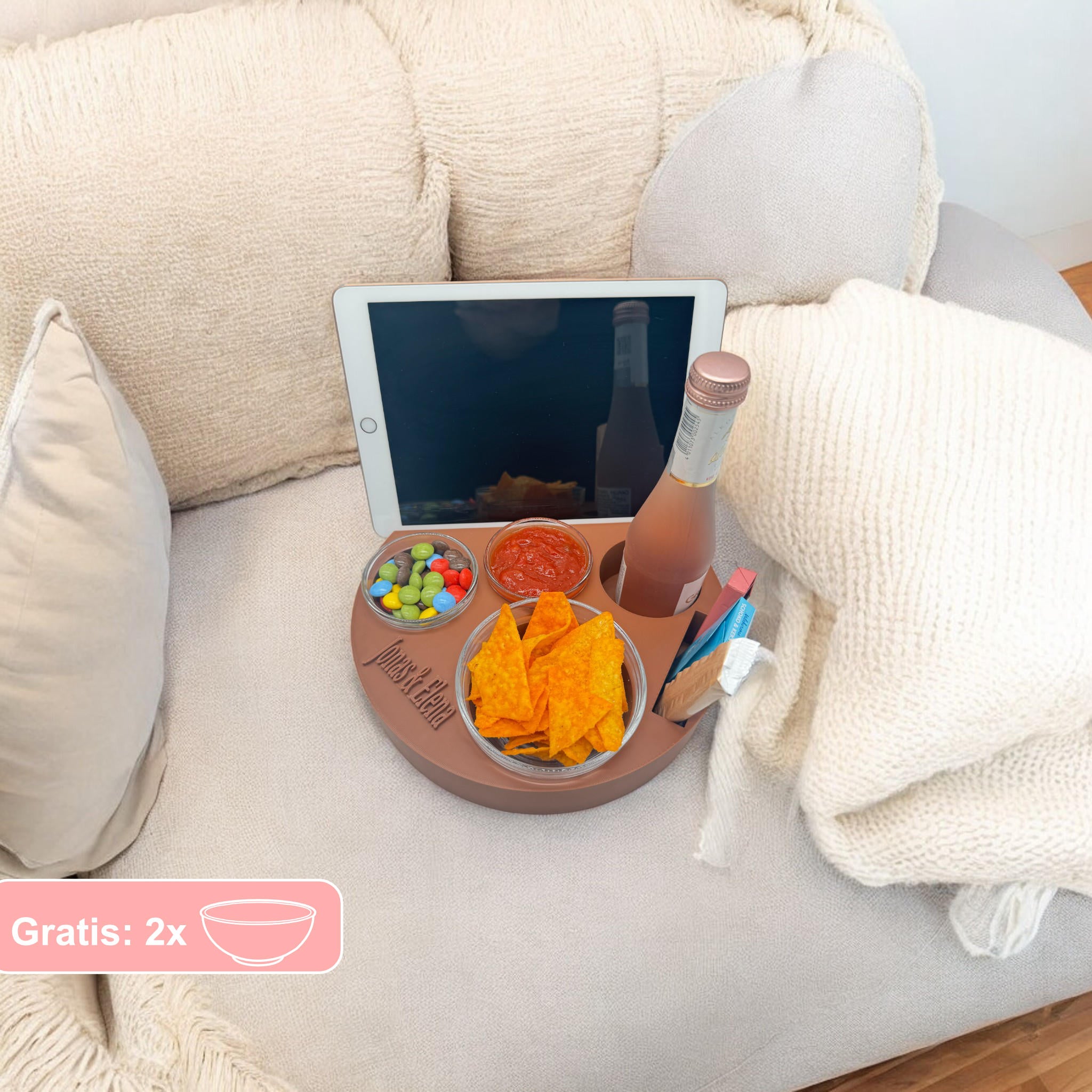 Couchbuddy Rund mit Tablethalter und 2 Glasschalen